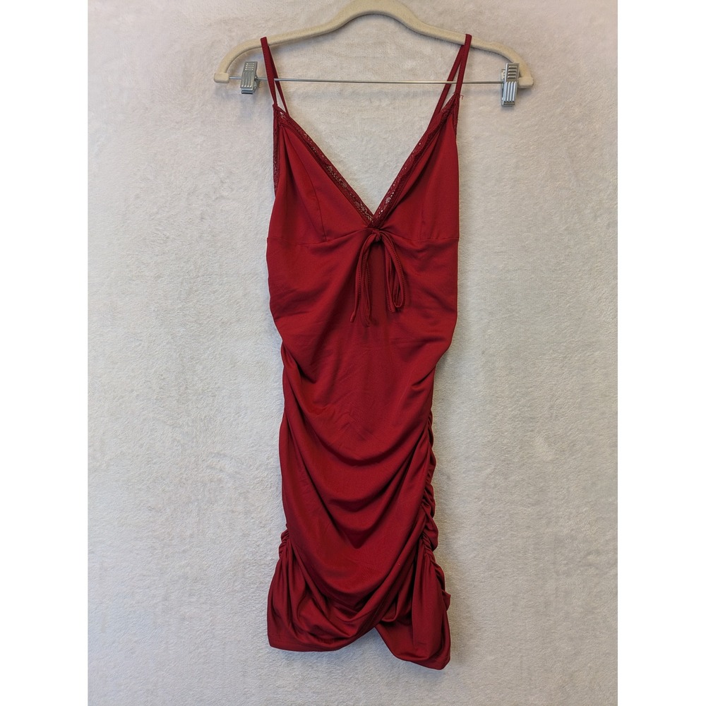 SHEIN Womens Red Ruched Bodycon Mini Dress Lace Trim V-Neck Tie Front‎ Size XS